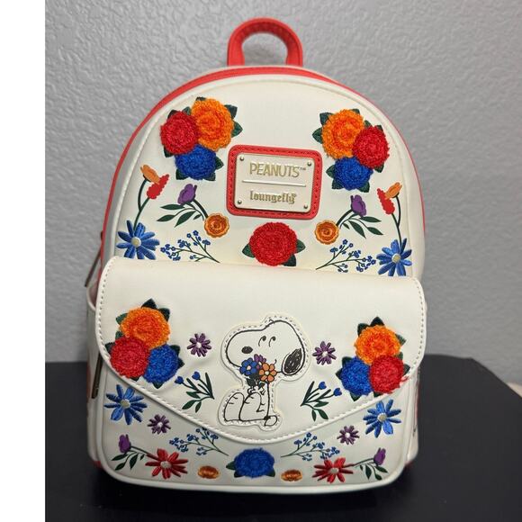 Loungefly Peanuts Snoopy Red White Embroidered Flowers Floral Mini Backpack NWT main image 6